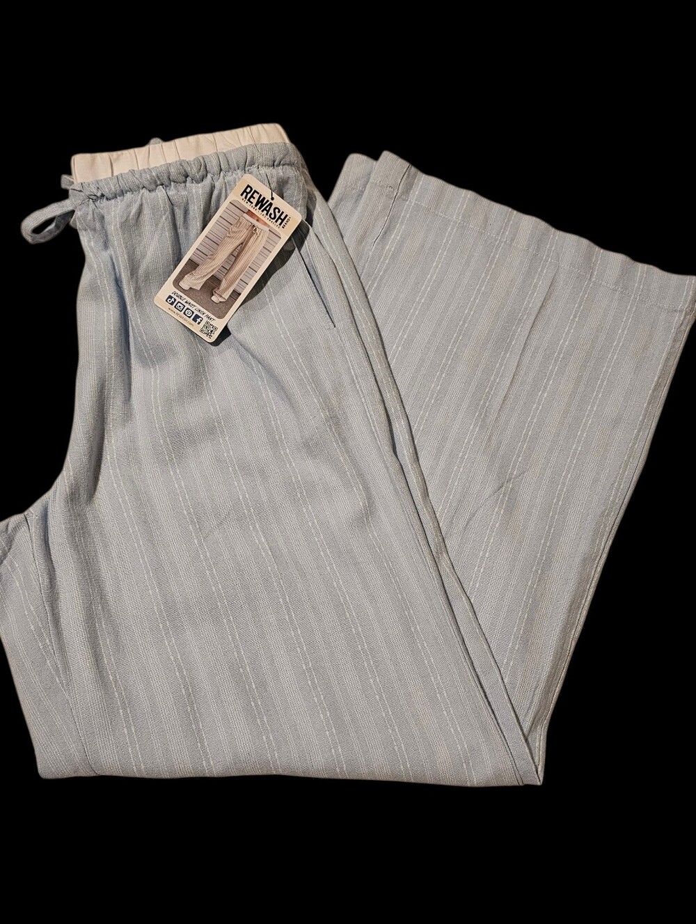 Linen Blend Light Blue Drawstring Wide Leg Pants With Subtle White Lines